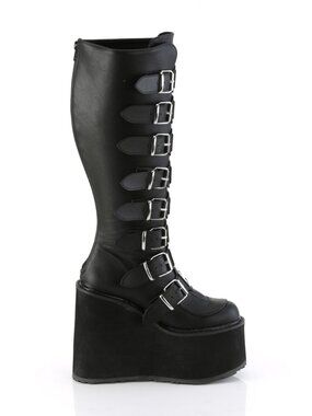 Black Vegan Leather Knee High Boots with 8 Buckle Straps
